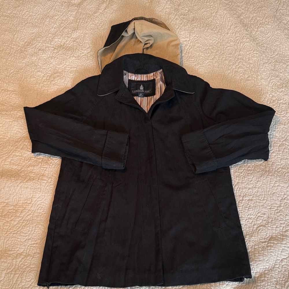 London Fog Black Trench Coat with Tan Lining and removable hood